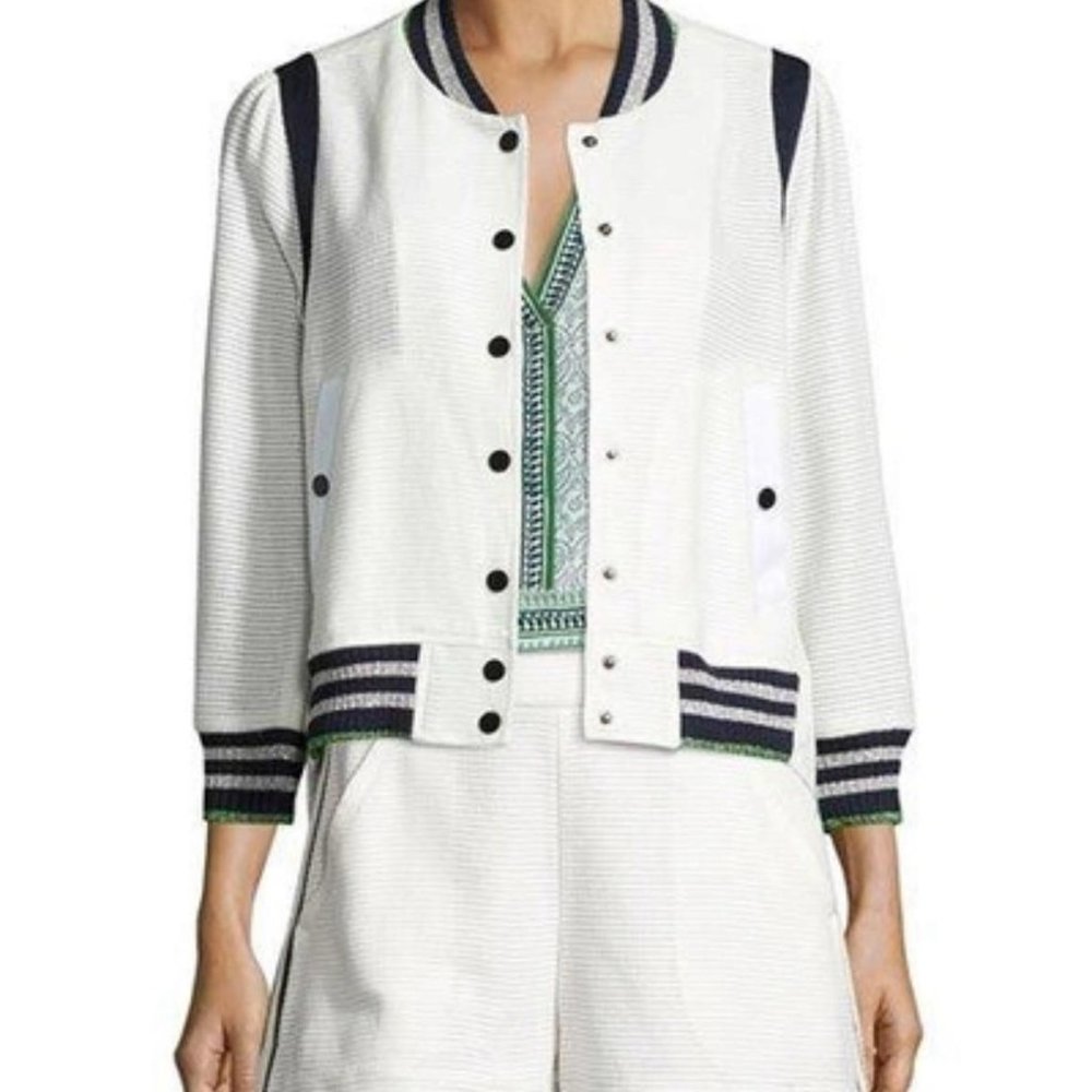 Veronica Beard White and Black Striped Varsity Jacket 12 L